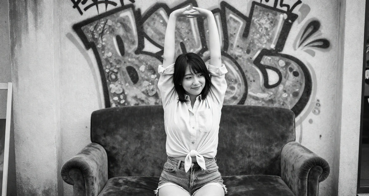 A smiling gently Female From Japan, based in Fukuoka, graduated from a media college majoring in soft-glam creative production in their 25, experimenting with playful photos that boost confidence, wearing a button-down shirt tied at the waist and denim cutoffs, rubbing hands together for warmth in a graffiti art wall.