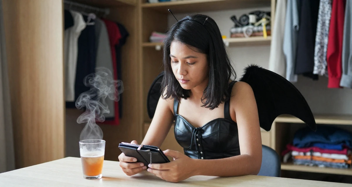 A placid Female From Johor Malaysia, studied early childhood education in their 20, discovering their first real sense of independence, wearing a succubus costume with small wings and a leather bustier, checking a wallet in a walk-in wardrobe.