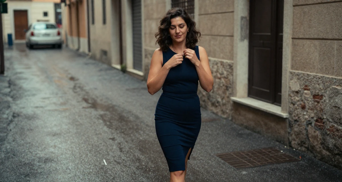 A witty Female From Italy, based in Milan, graduated from a design school majoring in sensual visual communication in their 45, reviewing anti-aging products with honesty, wearing a navy blue pencil skirt with a back slit, fiddling with a necklace in a quiet alleyway.
