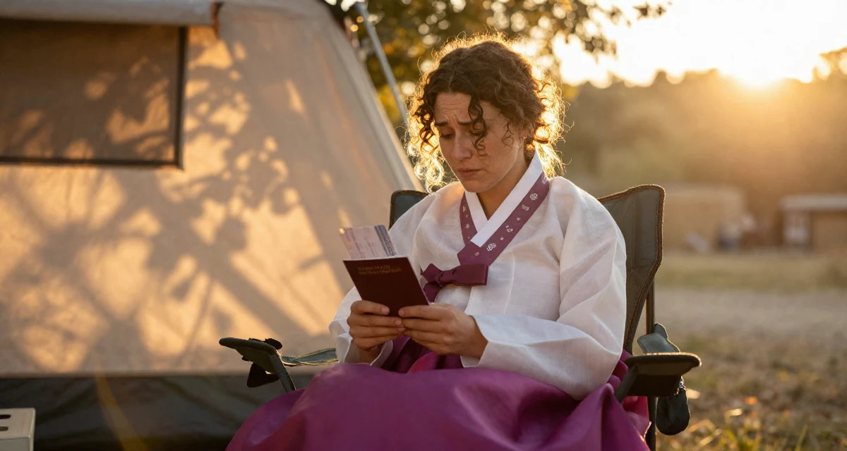 A emotional Female From Greece, studied philology in their 48, preparing for long-term financial planning, wearing a traditional hanbok modified for a modern look, holding a passport or ticket in a camping site.