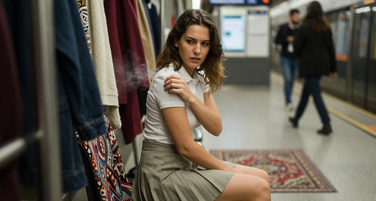 A intense and captivating Female Born in Russia, graduated from a local college majoring in marketing in their 23, comparing their career progress to peers online, wearing a short pleated skirt and a tight polo shirt, dusting off the shoulder in a subway station.