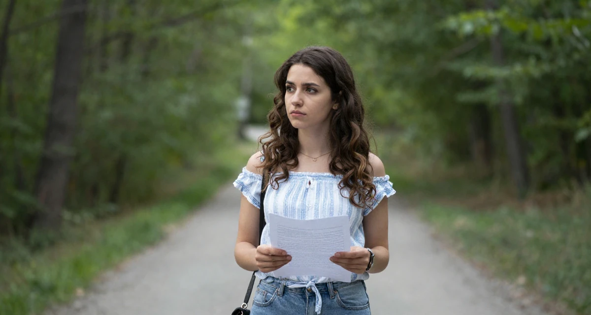 A pensive Female From Armenia, studied sociology in their 22, dealing with loneliness because creator life is misunderstood, wearing a breezy summer vacation outfit, holding a piece of paper in a forest path.