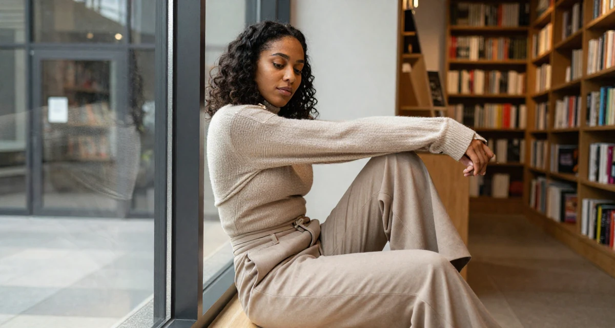 A sensual Female Raised in Kenya, studied digital entrepreneurship in their 21, embracing a carefree bohemian lifestyle, wearing a fitted waist coat and wide leg trousers, pulling a sweater sleeves over hands in a bookstore aisle.