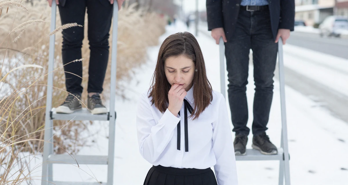 A bashful Female Born in Greece, majored in content creation & storytelling in their 28, feeling behind while peers climb stable career ladders, wearing a white shirt with a black ribbon tie, biting the lower lip softly in a snowy sidewalk.