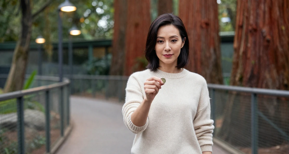 A composed Female Former volunteer teacher, now crafting empowering creator narratives in their 34, advocating for eco-friendly parenting, wearing a soft cashmere sweater look, flipping a coin in a zoo enclosure path.