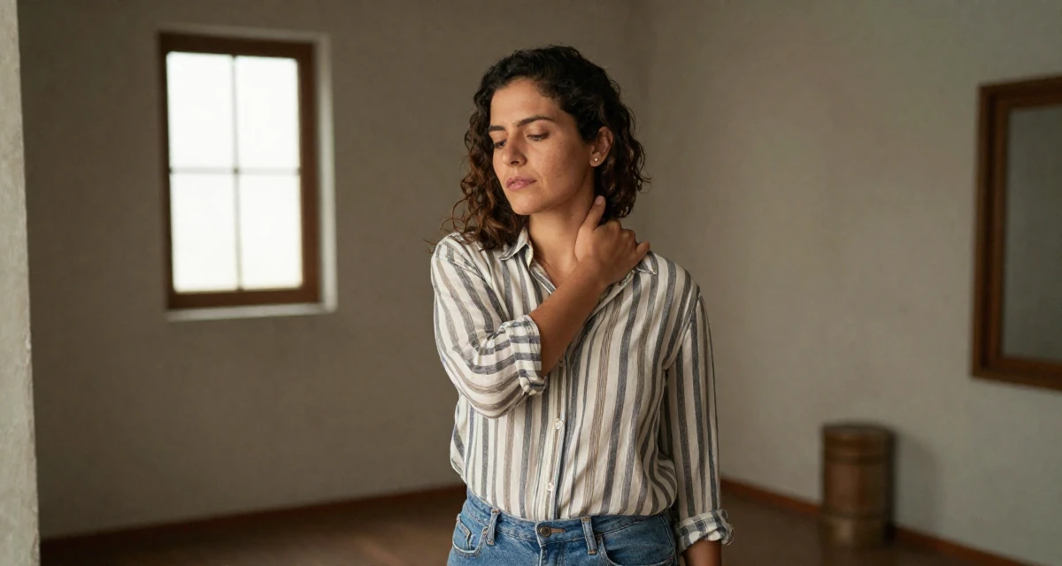 A gently serious Female From Colombia, has a background in performing arts in their 42, passionate about sustainable luxury living, wearing a classic striped shirt and jeans, massaging the neck in a dungeon cell.