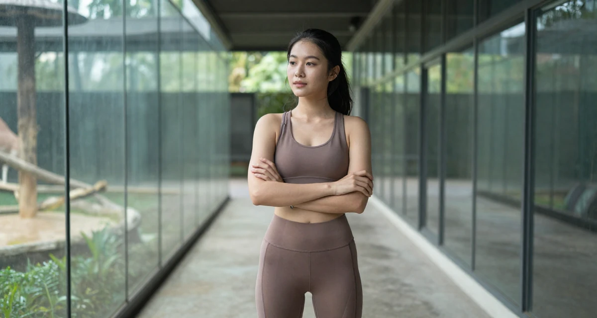 A tranquil Female From Johor Malaysia, learned portrait photography through freelance work in their 22, learning workplace expectations and boundaries, wearing a sheer paneled leggings and a sports crop top, cracking knuckles in a zoo enclosure path.