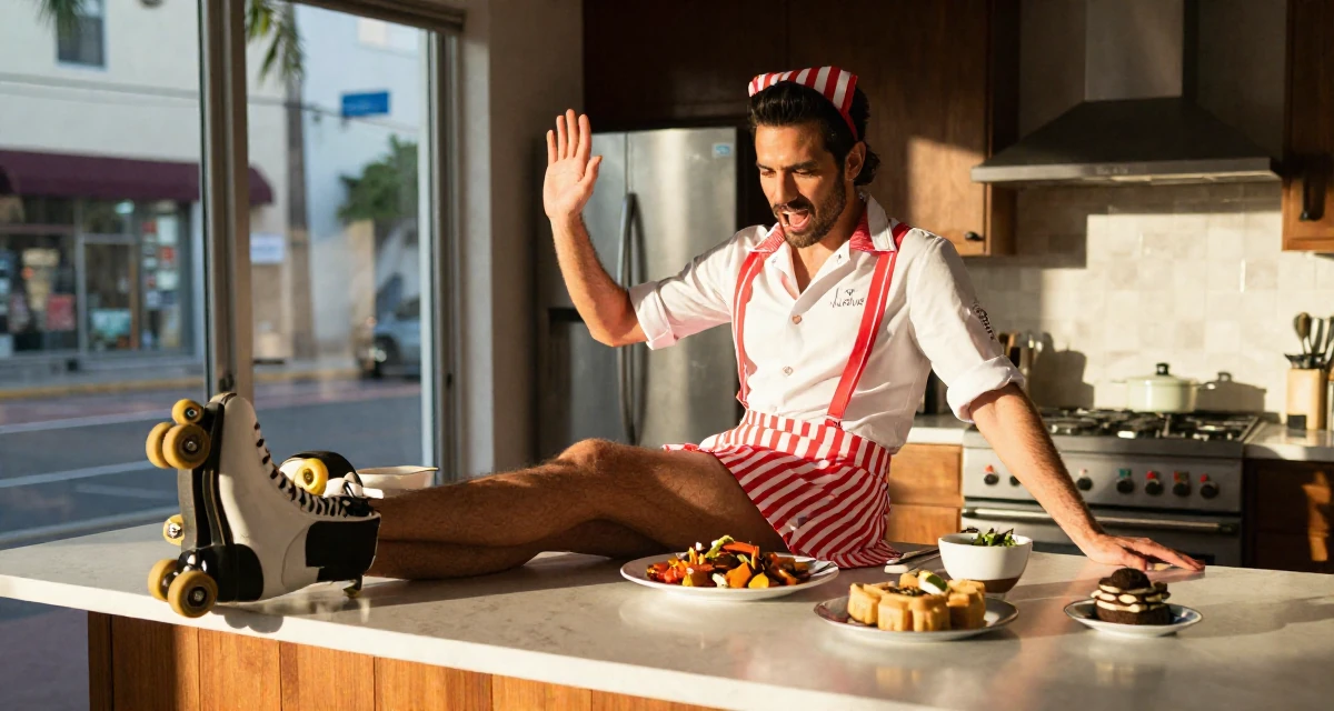 A energetic male From the United States, based in Miami, graduated from a creative institute majoring in seductive branding in their 31, learning to cook gourmet meals at home, wearing a retro 50s diner waitress uniform with roller skates, rolling up sleeves in a sunlit kitchen island.