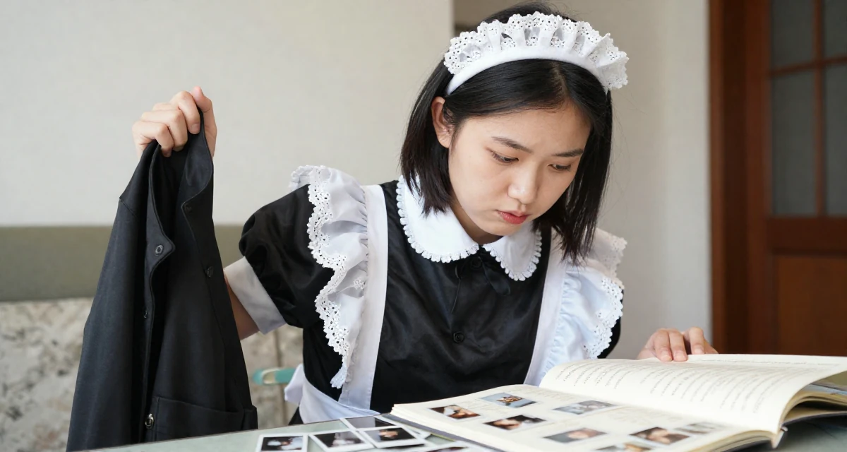 A witty Female From Chinese-speaking regions, majored in marketing analytics in their 24, taking creative work more seriously, wearing a french maid costume with black silk and white lace, looking at a menu in a home interior.