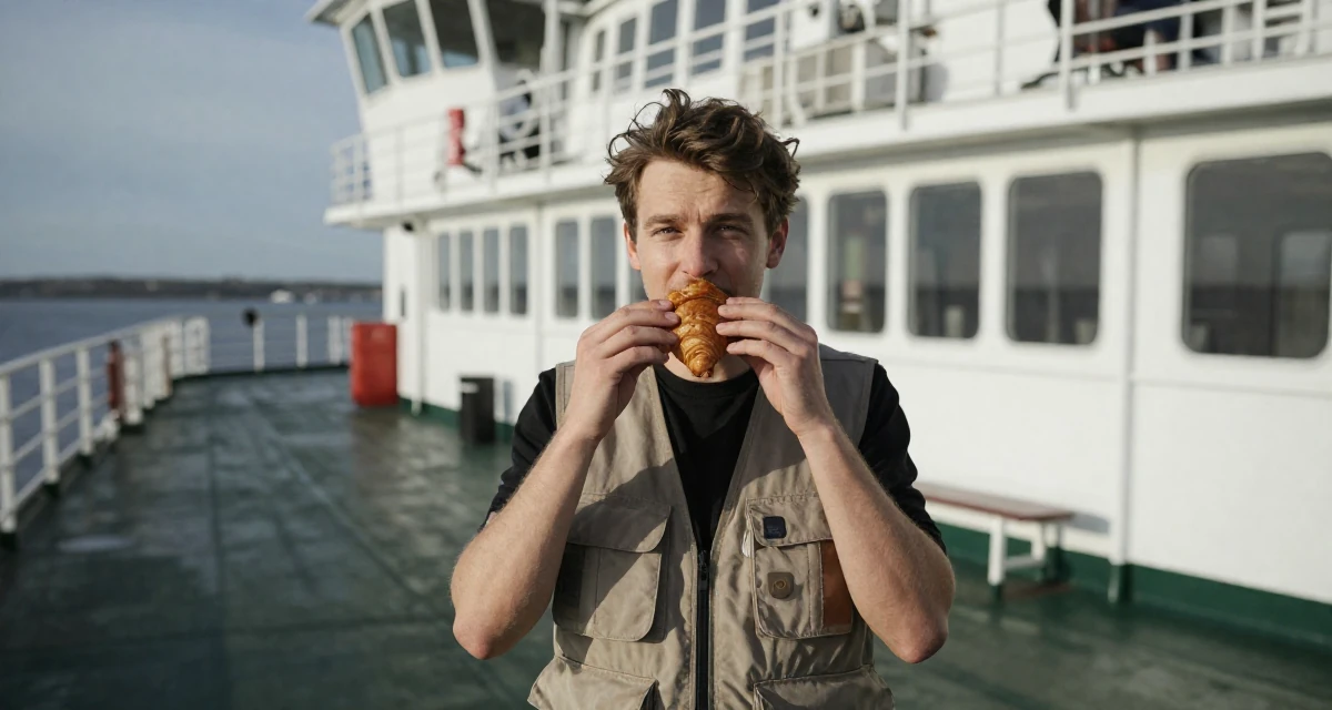 A sincere male From Sweden, based in Gothenburg, graduated from a design school majoring in motion graphics in their 22, building early fan loyalty through replies and messaging, wearing a urban explorer utility vest look, eating a croissant in a ferry deck.