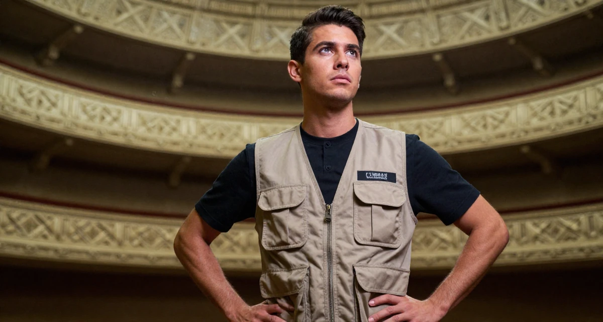 A seriously concentrated male From United States, studied civil service management in their 25, feeling empowered posting subtly provocative looks, wearing a urban explorer utility vest look, looking for something in a pocket in a opera house balcony.