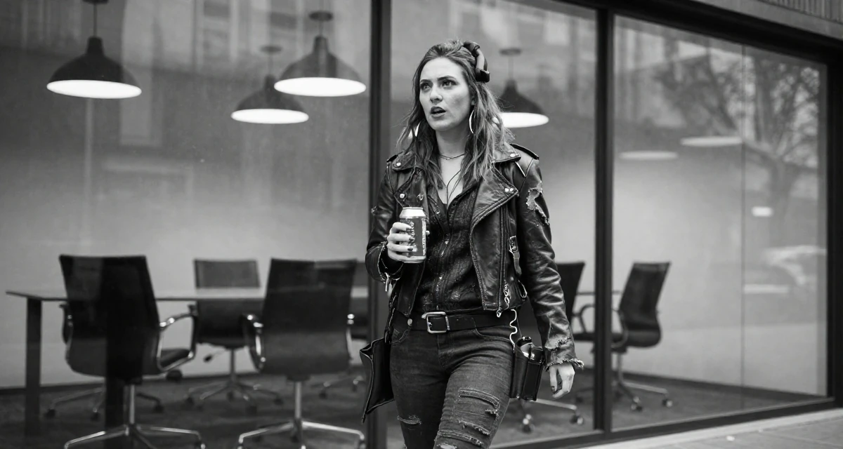 A wild Female From Birmingham United Kingdom, holds a degree in economics in their 22, managing new financial responsibilities, wearing a post-apocalyptic scavenger outfit with distressed leather, holding a beverage can in a glass-walled conference room.