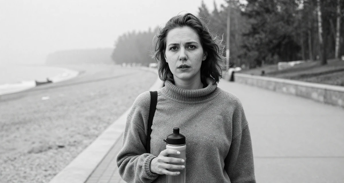 A subtly surprised Female From Russia, studied psychology at a community college in their 27, feeling more comfortable in their own skin, wearing a cozy fleece pullover, holding a water bottle in a beach promenade.