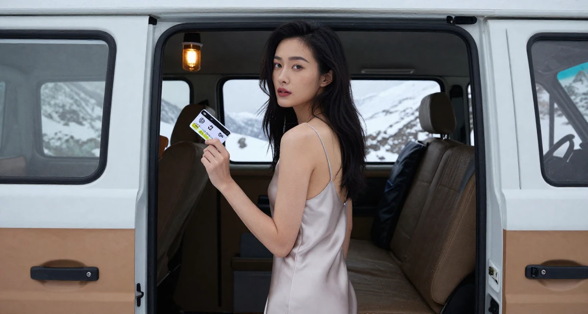 A introspective Female From Chongqing China, holds a degree in psychology in their 35, renovating a vintage van for travel, wearing a silk slip dress in a soft neutral tone, holding a subway card in a snowy mountain peak.