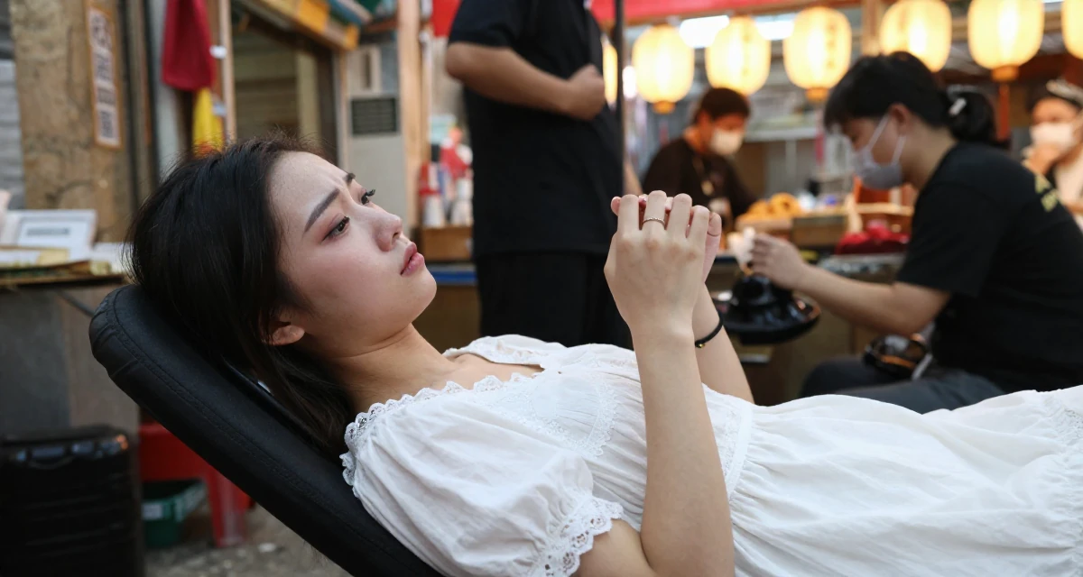 A sorrowful Female From Macau, learned performance makeup from casino backstage crews in their 25, managing tight budgets as a student, wearing a white cotton nightgown with lace details, playing with a ring on a finger in a bustling market.