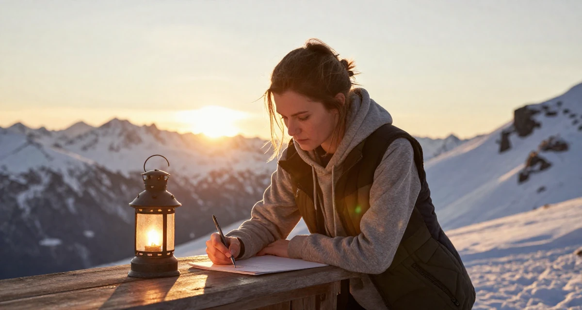 A intense Female From Netherlands, studied digital media and interaction design in their 27, accepting that success requires endless reinvention, wearing a layered vest over hoodie, holding a pen poised to write in a snowy mountain peak.