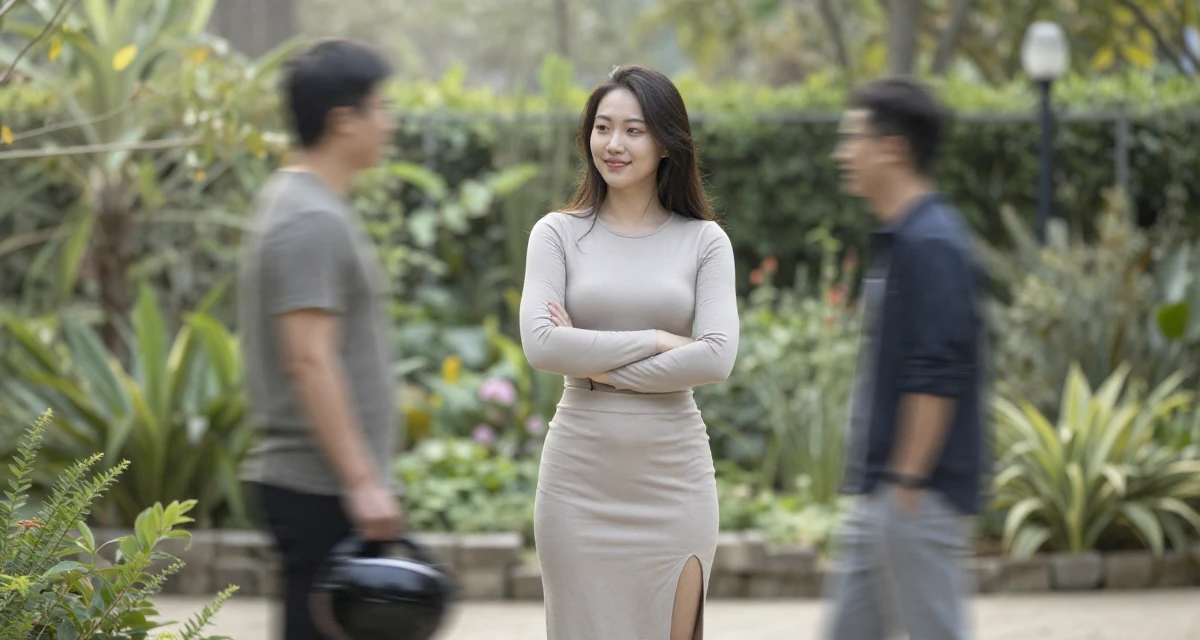 A radiant Female From France, based in Lyon, graduated from an arts school majoring in fashion communication in their 25, becoming more selective with fan interactions, wearing a tight long-sleeve bodysuit and a slit midi skirt, holding a helmet in a botanical garden.