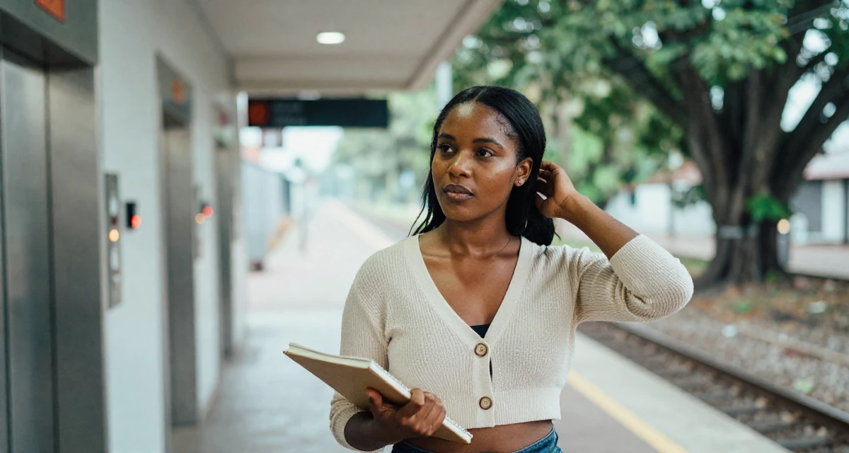 A sophisticated Female From Trinidad & Tobago, studied performing arts in their 33, documenting a weight loss and health journey, wearing a cropped cardigan with only one button fastened, holding a notebook in a train platform.
