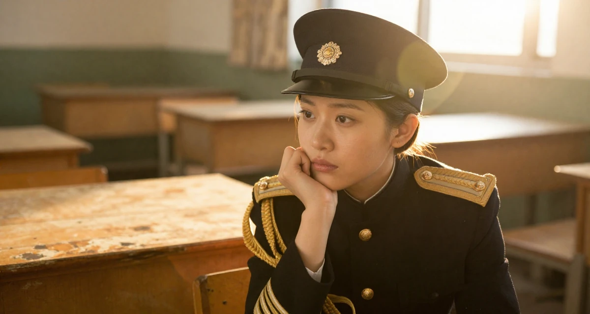 A thoughtfully silent Female Born overseas, studied communication studies in their 22, adjusting to the 9-to-5 routine after college, wearing a imperial officer uniform with a peaked cap, cracking knuckles in a waiting room.