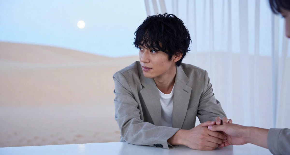 A bewitching male From Japan, majored in information systems in their 22, hit hard by the reality of entry-level wages, wearing a relaxed fit suit separate, holding hands with someone unseen in a desert sand dunes.