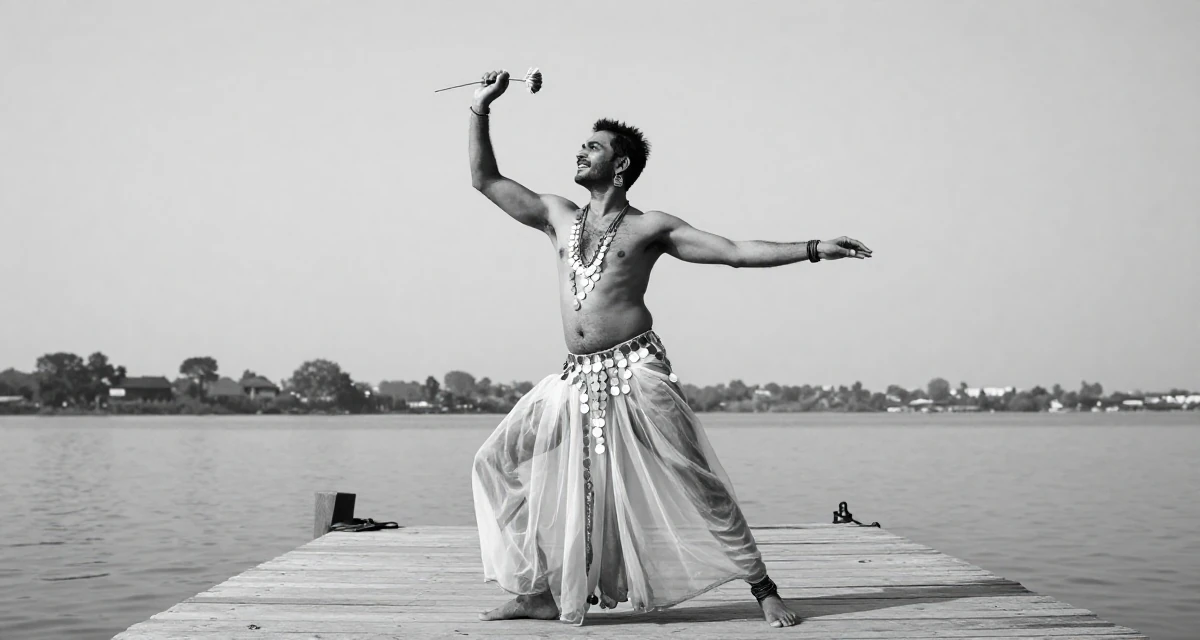 A joyful male From India, majored in fashion technology in their 60, rediscovering passions, wearing a belly dancer outfit with sheer fabrics and coins, holding a flower in a lakeside dock.