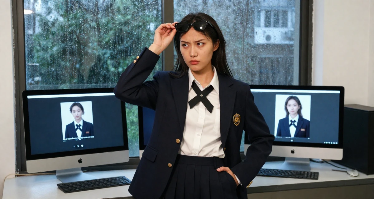 A tense Female From Wuhan China, learned social media branding through indie projects in their 25, figuring out boundaries while trying small photo sets, wearing a school council president uniform with a blazer, putting on sunglasses in a rainy window seat.