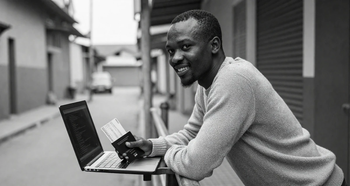 A hopeful male From Rwanda, majored in social innovation in their 22, preparing for upcoming graduation requirements, wearing a soft cashmere sweater look, holding a passport or ticket in a quiet alleyway.