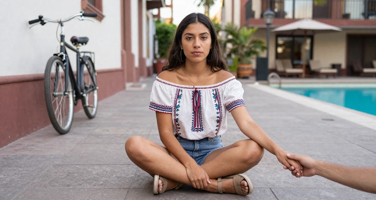 A quietly confident Female From Mexico, based in Guadalajara, graduated from a cultural academy majoring in expressive body movement in their 23, feeling pressure to “figure life out” quickly, wearing a boho style off-shoulder peasant top and shorts, holding hands with someone unseen in a bridge walkway.