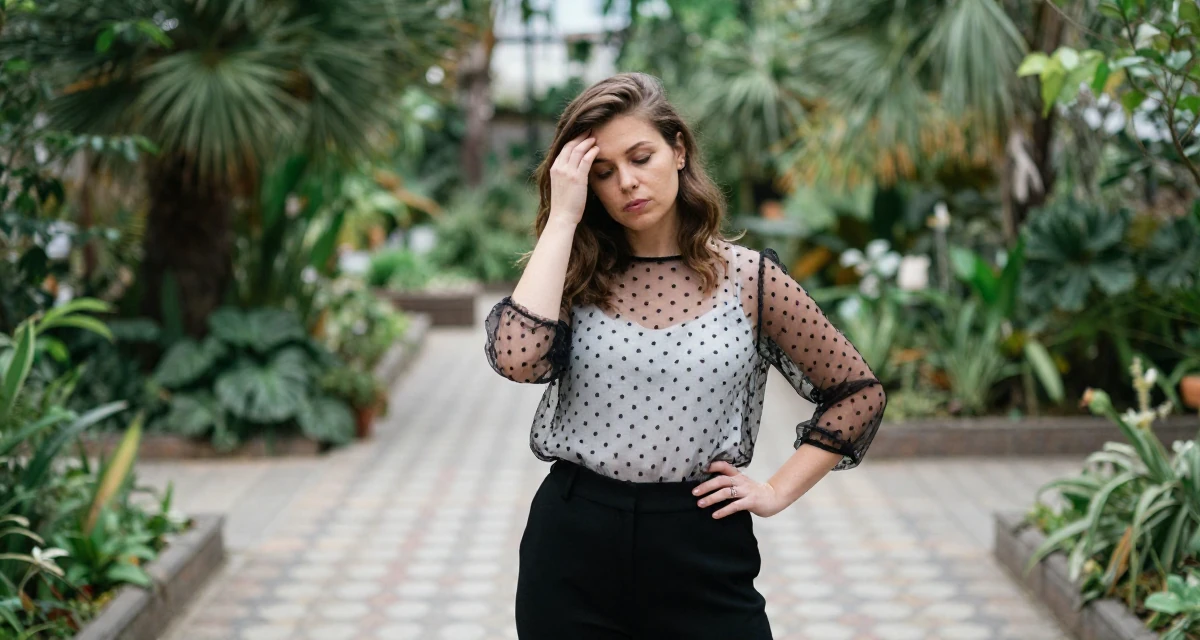 A deeply thinking Female From Slovakia, based in Bratislava, graduated from a media school majoring in mood-driven digital design in their 39, advocating for mental health awareness, wearing a sheer polka dot blouse and black trousers, pushing hair from face in a botanical garden.