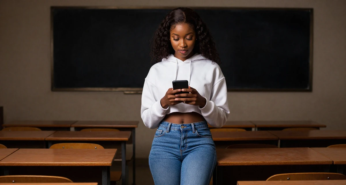 A ethereal Female From Nigeria, majored in business communication in their 23, realizing content creation requires real discipline, wearing a cropped hoodie showing midriff and low-rise jeans, texting with both thumbs in a classroom setting.