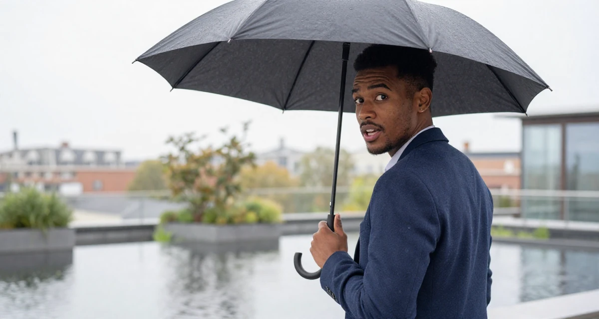 A vibrant male From Sweden, studied sociology in their 25, figuring out social roles and self-image, wearing a smart casual blazer ensemble, holding an umbrella in a rooftop garden.