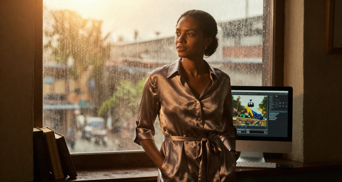 A resilient Female Born in Haiti, majored in international relations in their 46, passionate about classic literature and arts, wearing a silk shirt dress with a tie waist, putting hands in pockets in a rainy window seat.