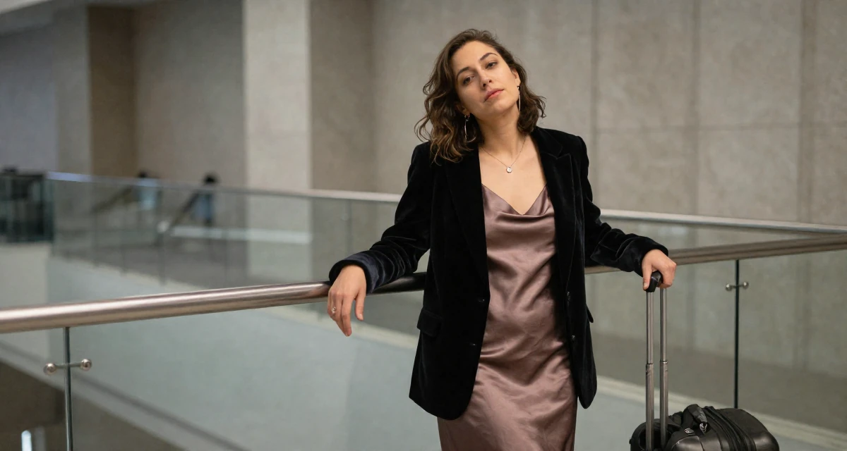 A relieved Female From Canada, majored in english and creative writing in their 25, shaping long-term career direction, wearing a velvet blazer and a silk slip dress, pulling a suitcase in a conference room.