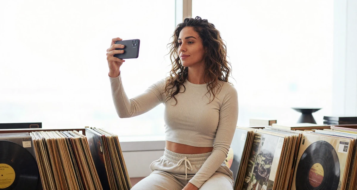 A deeply absorbed Female From Italy, studied product design in their 42, expert in holistic health and herbalism, wearing a tight long-sleeve crop top and jogger pants, taking a photo in a high-end restaurant.