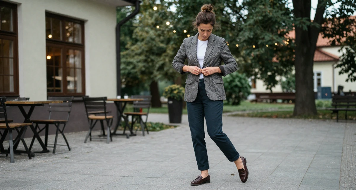 A cool and collected Female From Prague Czech Republic, explored intimate photography as art in their 42, renovating a forever home with detailed care, wearing a polished loafer and trousers look, buttoning up a jacket in a quiet park.