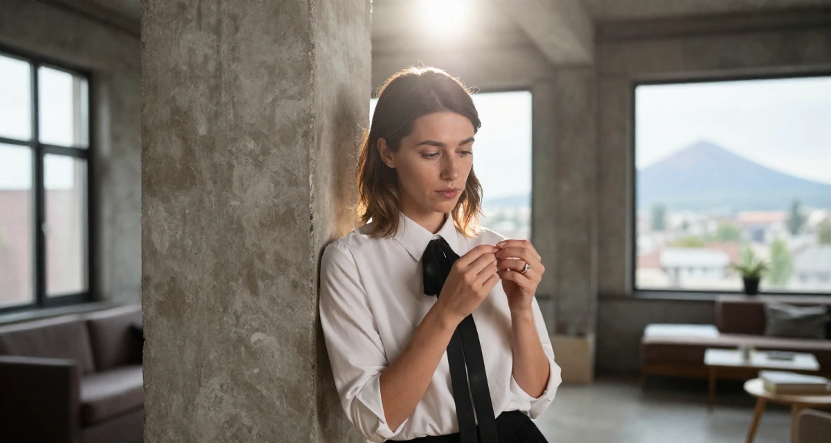 A curious and focused Female From Hungary, based in Debrecen, graduated from a fashion program majoring in bold thematic styling in their 39, creating a cozy and safe sanctuary at home, wearing a white shirt with a black ribbon tie, playing with a ring in a industrial loft.