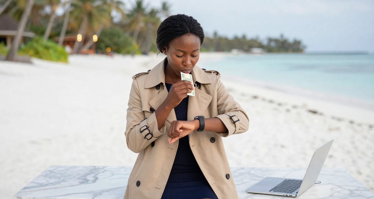 A confident Female Raised in Kenya, studied digital entrepreneurship in their 23, enjoying the first taste of disposable income, wearing a classic trench coat worn over a business dress, glancing at a wristwatch in a tropical white sand beach.