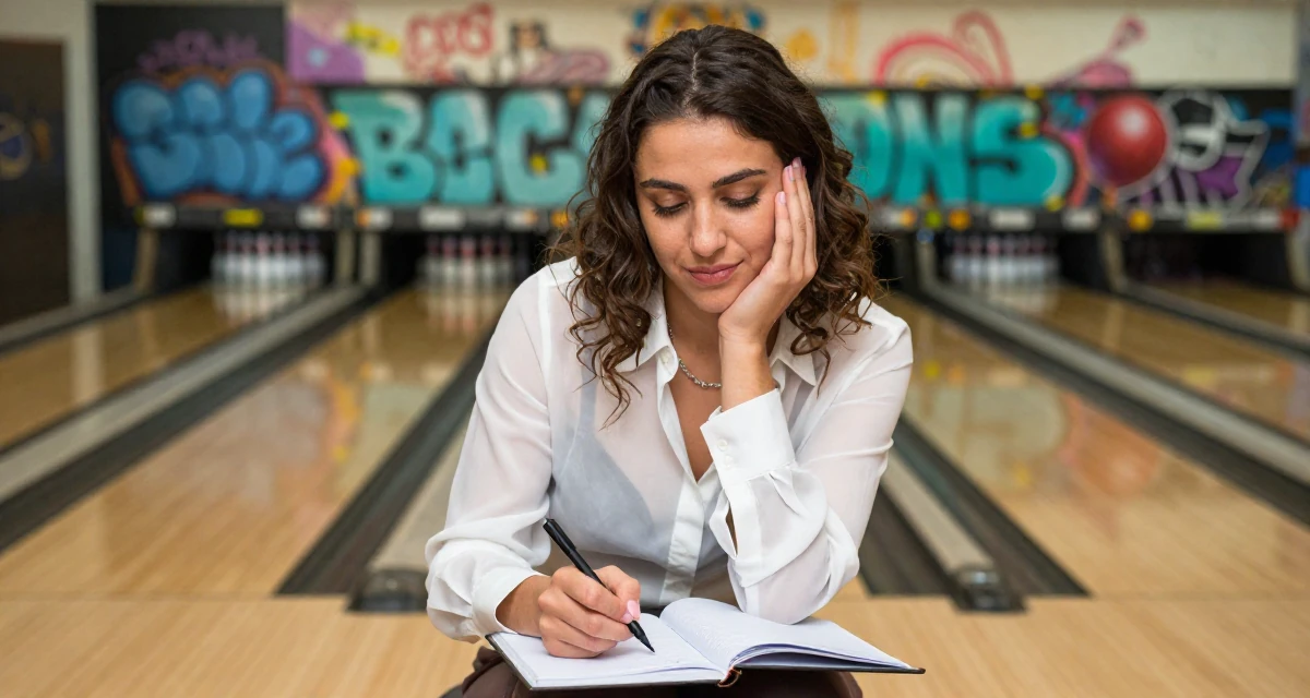 A lighthearted Female From Algeria, studied visual communication in their 25, navigating emotionally intense relationships, wearing a translucent white blouse and a dark bra underneath, writing in a journal in a bowling alley.