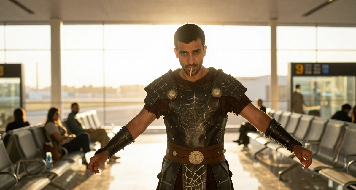 A shy male From Egypt, majored in archaeology in their 24, managing emotional highs and lows of early adulthood, wearing a dark elf leather armor with spiderweb motifs, biting a lip thoughtfully in a airport departure lounge.