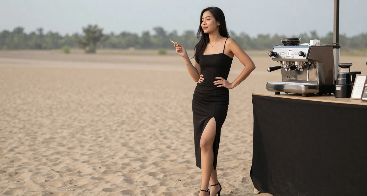 A serene and peaceful Female From Chiang Mai Thailand, majored in creative writing in their 25, discovering passions through extracurricular activities, wearing a elegant midi skirt with a high slit and heels, holding a cigarette (lit or unlit) in a desert landscape.
