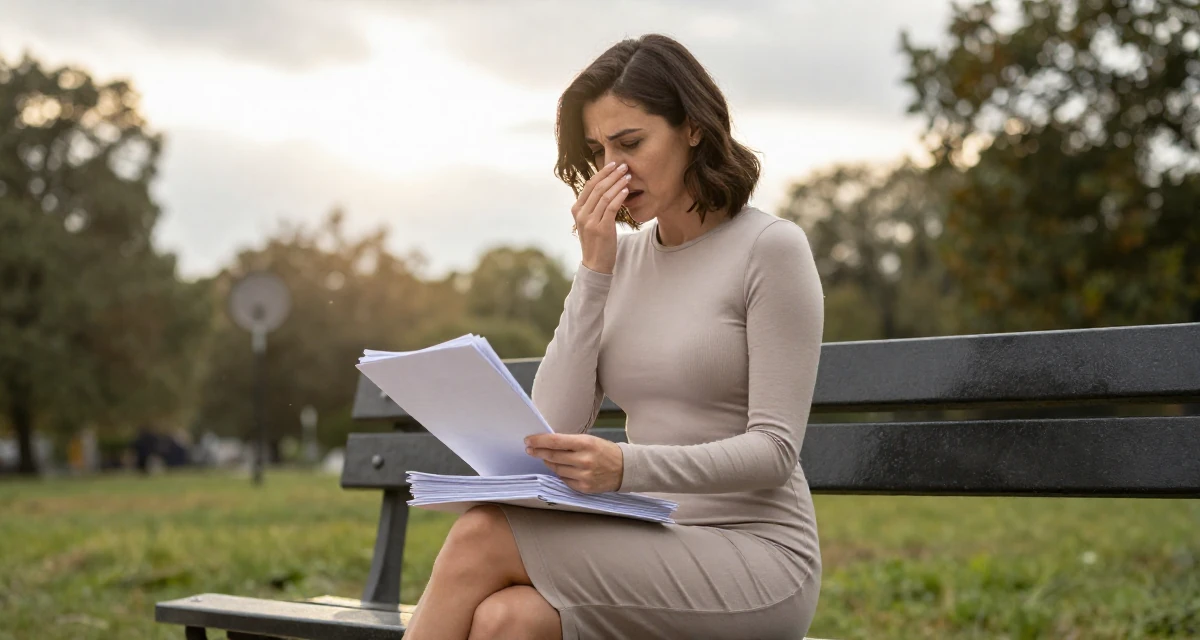 A sophisticated Female Former accountant in her 30s, now creating fitness-driven fan content in their 22, feeling the sting of zero new subs after hours of effort, wearing a long-sleeve bodycon midi dress in neutral tones, carrying a stack of documents in a park bench.