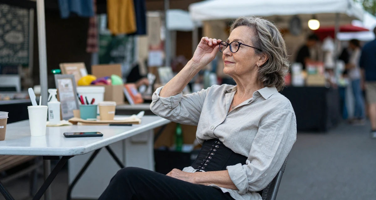 A reflective Female Grew up in Australia, majored in digital communication in their 50, sharing the secrets of graceful aging, wearing a button-up shirt with a corset belt and black pants, pushing glasses up the nose in a night market stall.