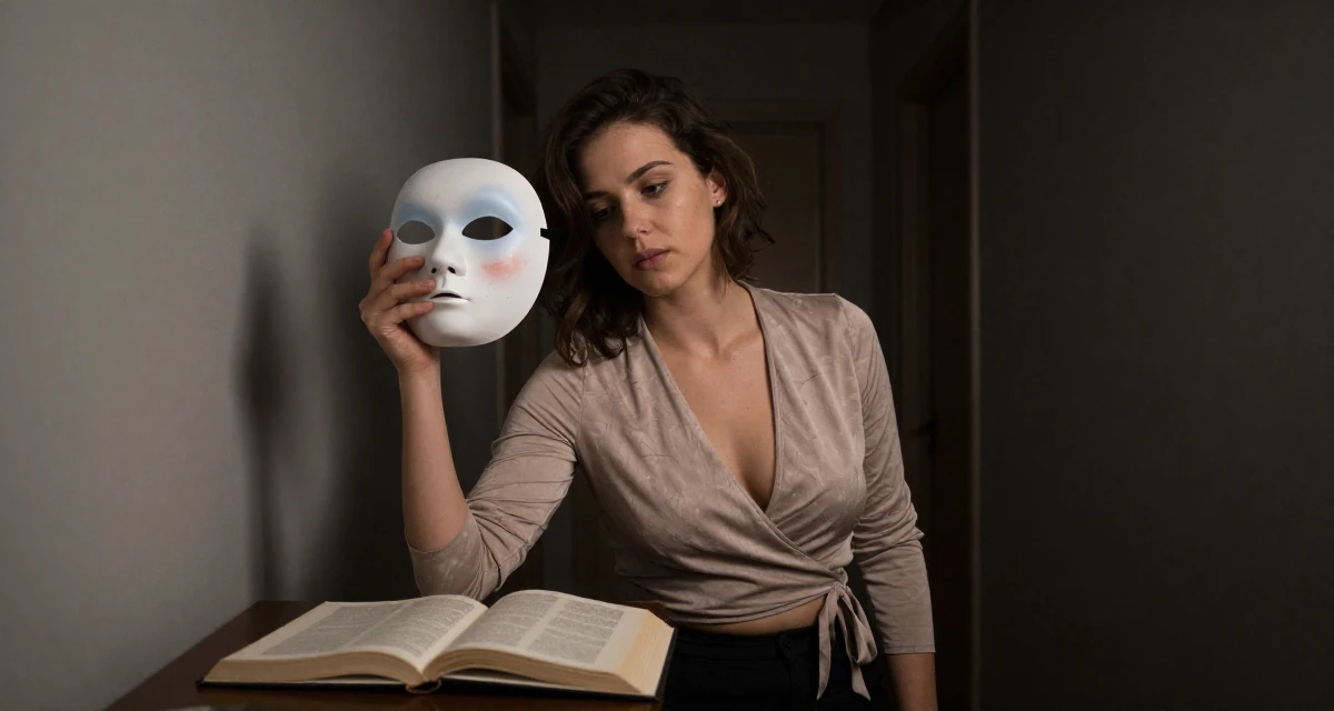 A nostalgic Female From Finland, studied graphic design and branding in their 25, treating sensual content as art, not pressure, wearing a wrap blouse with a deep neckline, holding a mask (cosplay/prop) in a narrow hallway.