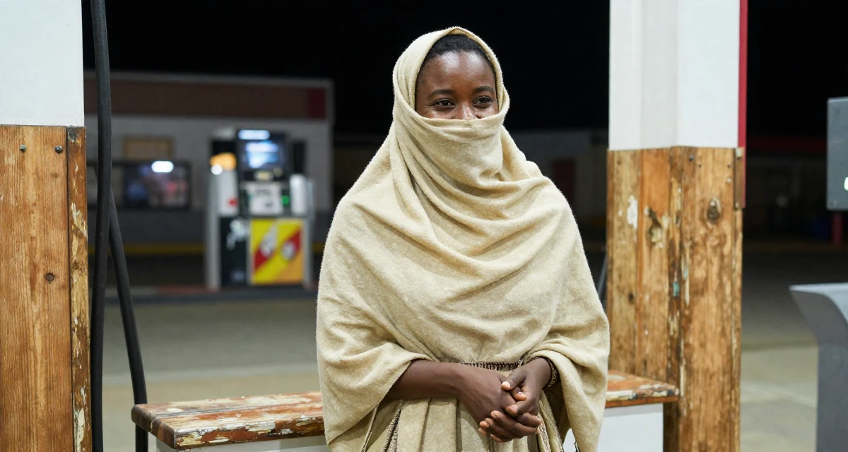 A self-assured Female From South Africa, majored in development studies in their 27, forcing yourself to smile in content on bad days, wearing a desert nomad wrap outfit with a face veil, clasping hands together in a gas station at night.