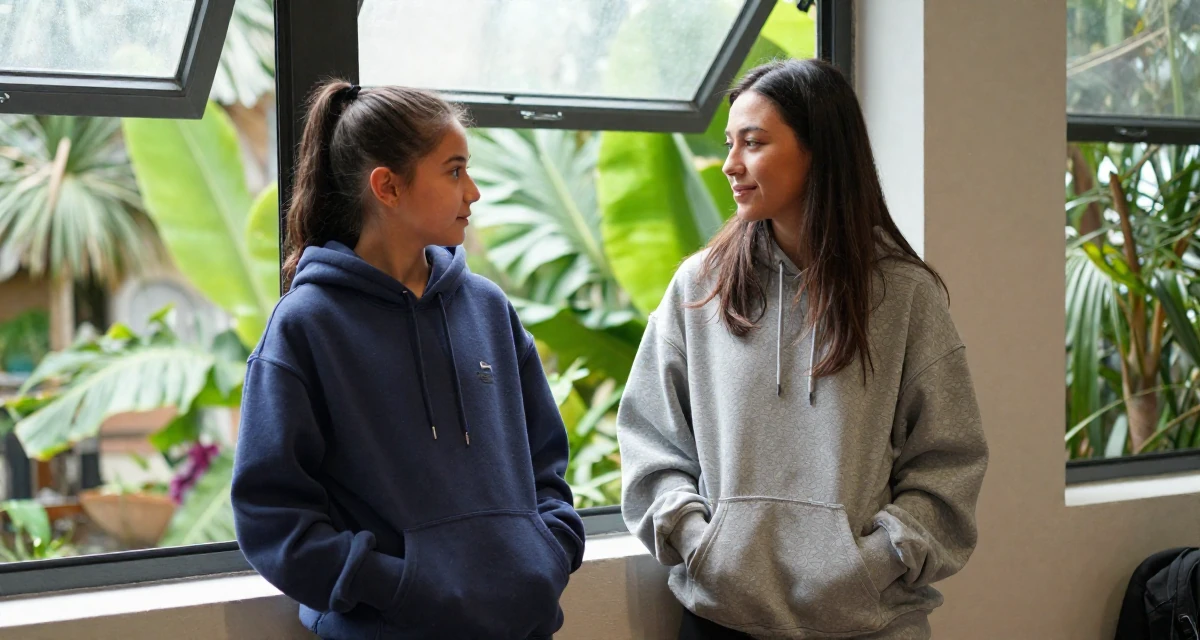 A charming Female Former street-dance trainee, now offering choreography-based fan content in their 45, helping kids apply for college and empty nesting, wearing a trendy oversized hoodie, putting hands in pockets in a botanical garden.