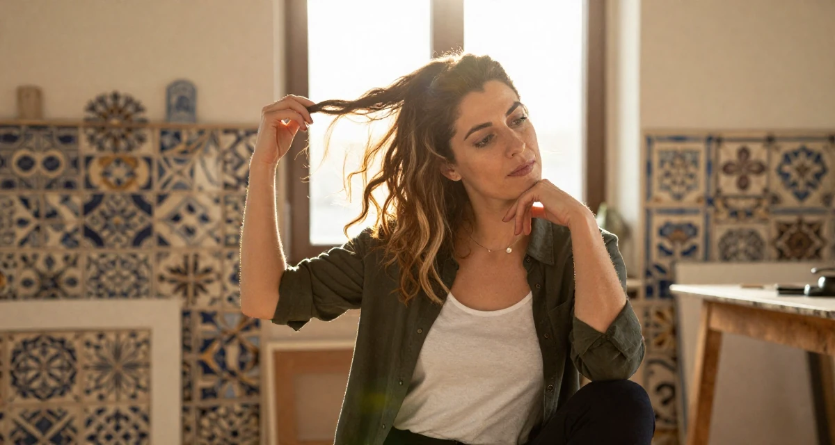 A content Female From Athens Greece, learned movement expression through traditional dance in their 23, decoding the unwritten rules of corporate life, wearing a modern casual lifestyle wear, resting a chin on a hand in a artist workshop.