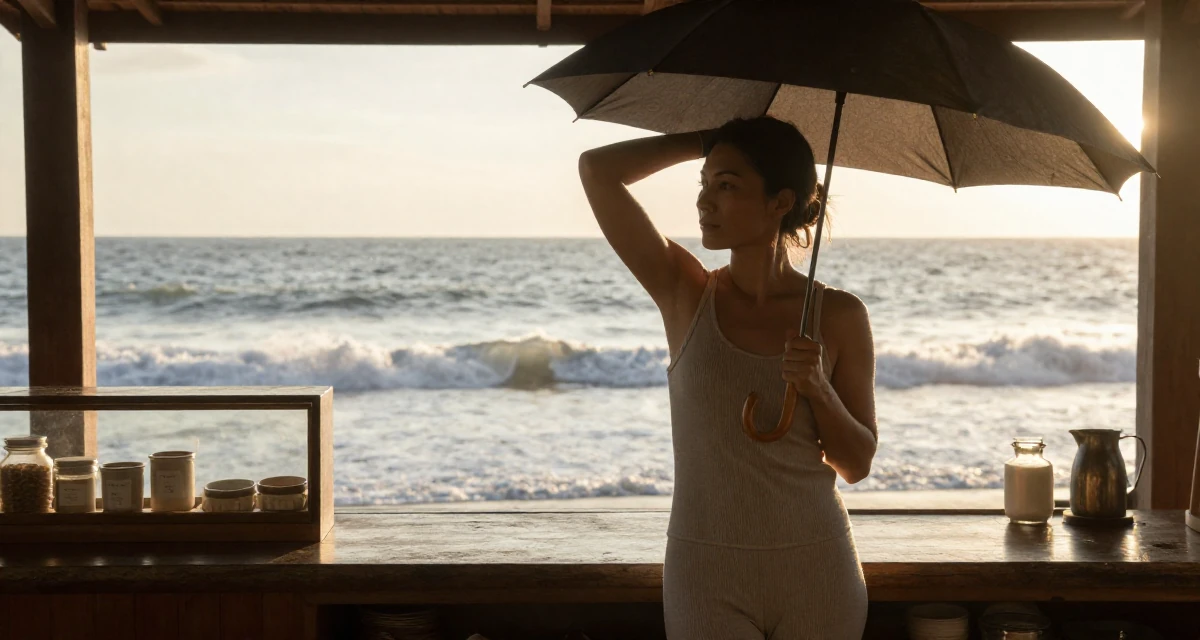 A moody Female From Chiang Mai Thailand, studied alternative wellness and body flow in their 39, creating a cozy and safe sanctuary at home, wearing a ribbed lounge set that hugs the curves, holding an umbrella in a bakery counter.