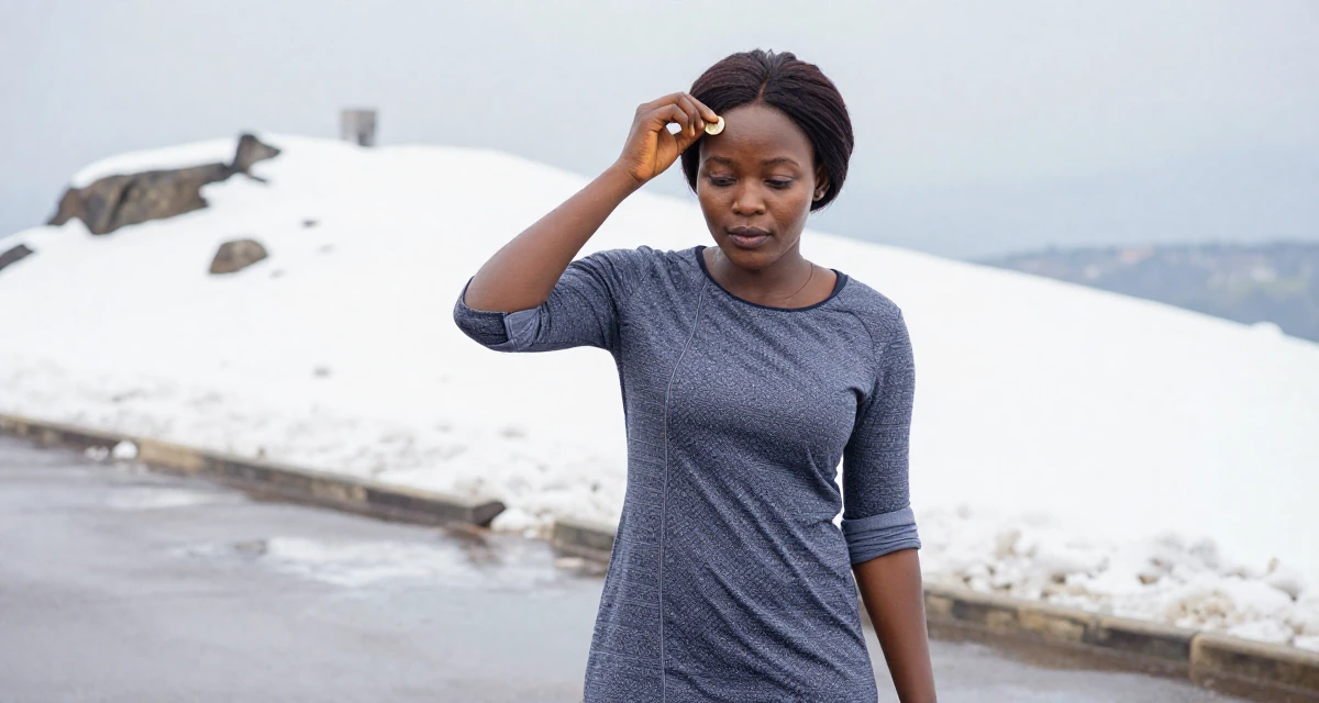 A composed Female From Nigeria, majored in business communication in their 37, sharing tips for successful networking, wearing a t-shirt dress with the sleeves rolled up, flipping a coin in a snowy mountain peak.