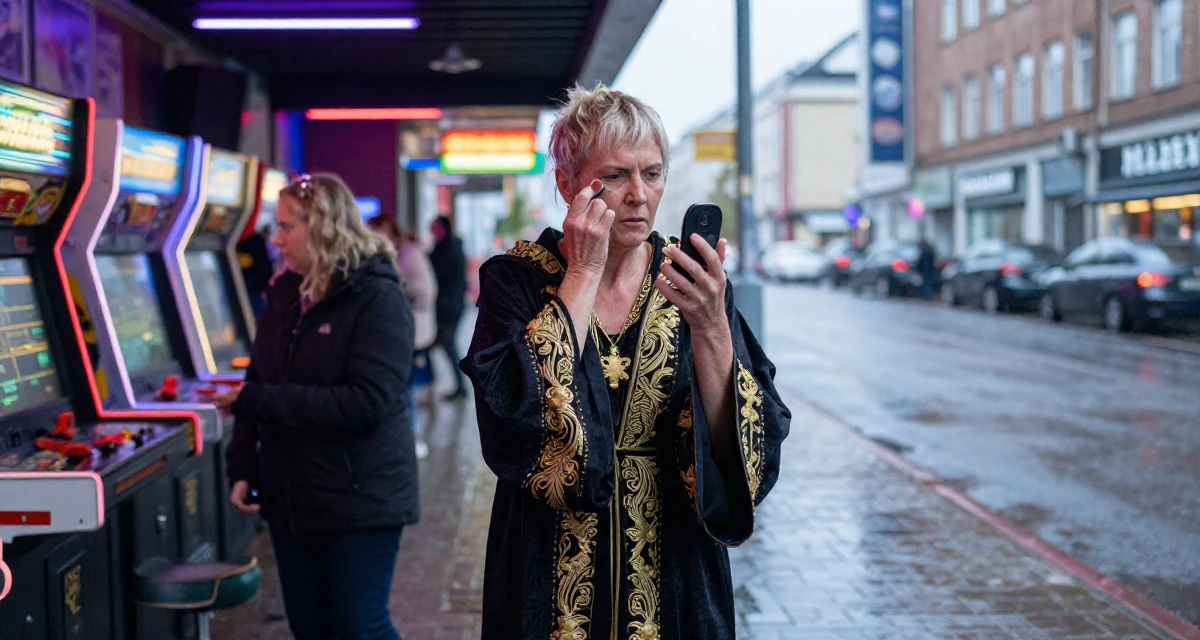 A tense Female From Finland, studied agricultural economics in their 40, navigating the balance of career and aging parents, wearing a high-fantasy sorceress robe with gold embroidery, checking makeup in a compact mirror in a arcade room with neon lights.
