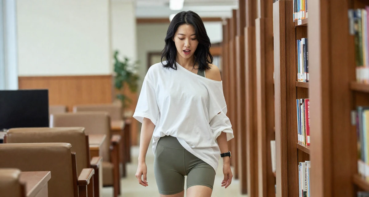 A vibrant and alive Female From Korea, studied film directing in their 36, sharing realistic fitness routines for busy people, wearing a oversized white shirt worn off one shoulder and biker shorts, inspecting an object in a library aisle.
